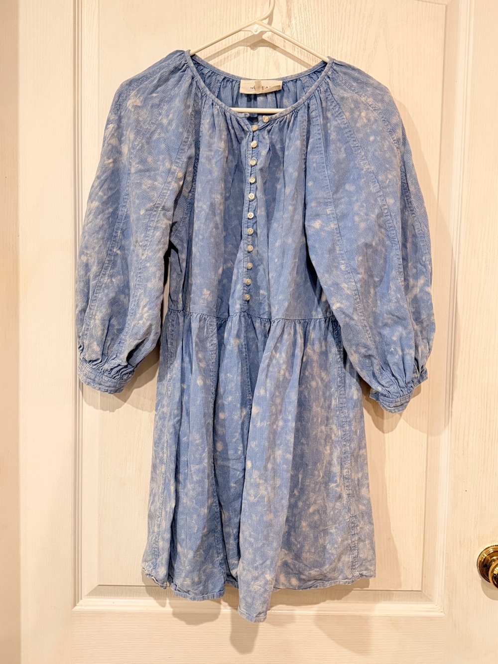 THE GREAT. Light Blue Tie-Dye Puff Sleeve Dress
